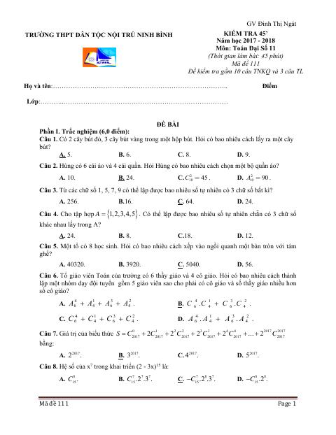 Đề kiểm tra 1 tiết Đại số và Giải tích 11 chương 2 trường THPT Dân Tộc Nội Trú Ninh Bình